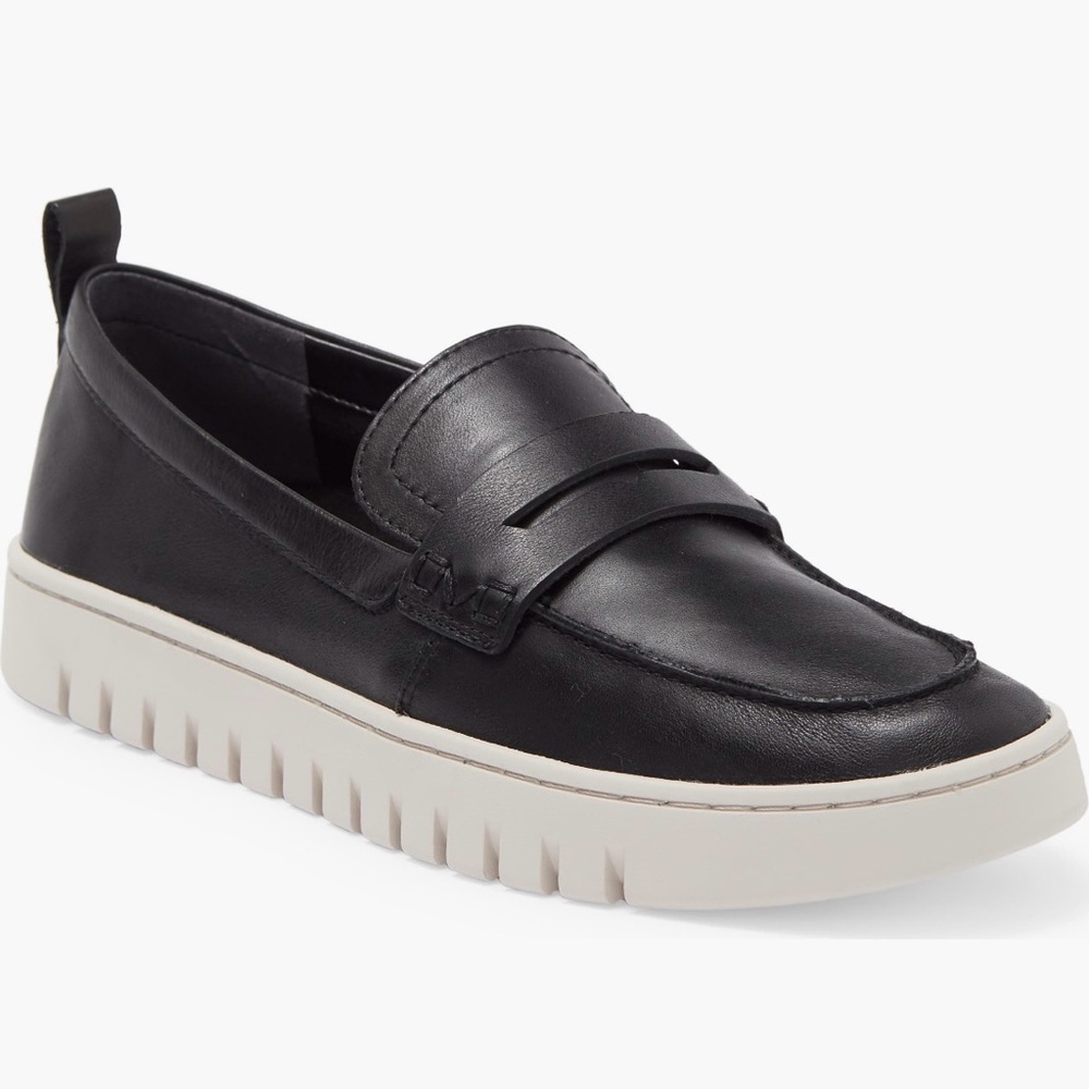 Vionic Black Leather Loafers with White Sole